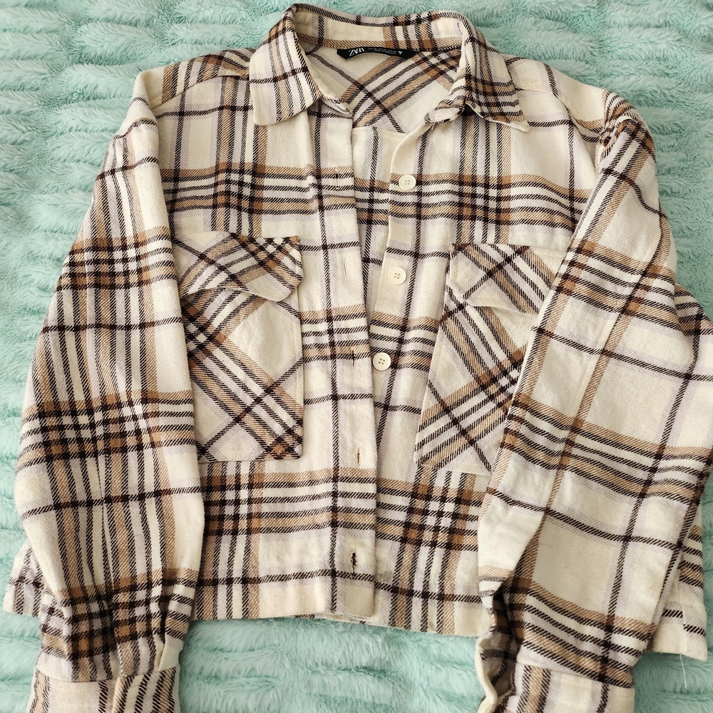 Zara Cream and Brown Checkered Shirt